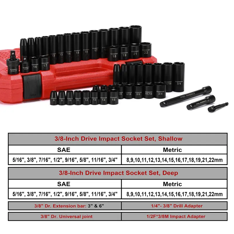 CASOMAN 49 Piece 3/8" Drive 6 Point Chrome Vanadium Steel Impact Sockets Set Ratchet Socket Wrench, Extension Bars, Adapter, Universal Joint, Laser Etching, Rounded Off Guard, Corrosion Resist, Fast Size ID, Automotive Mechanic Tools #tool upgrade,toolu