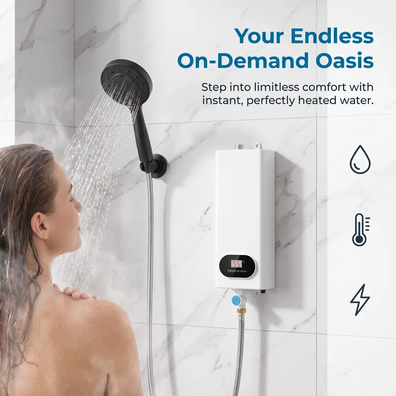 110V 3500W Tankless Instant Electric Water Heater with Complete Shower Head Kit, LCD Display, On-Demand Heat, Small Footprint, Compact Easy-Install Unit for Homes/RVs Bathroom, Kitchen Use