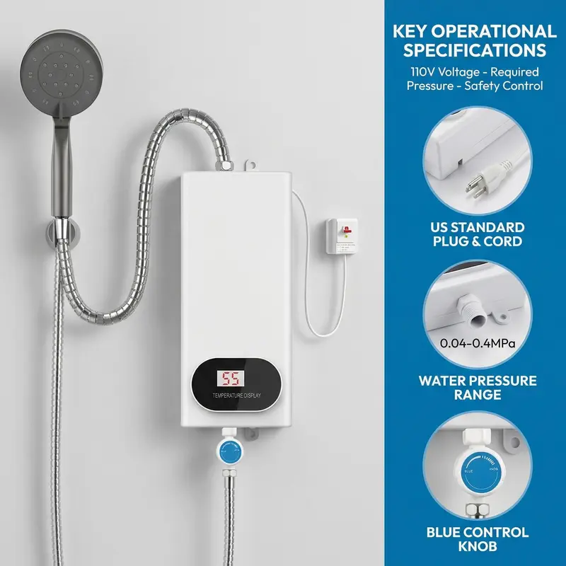 110V 3500W Tankless Instant Electric Water Heater with Complete Shower Head Kit, LCD Display, On-Demand Heat, Small Footprint, Compact Easy-Install Unit for Homes/RVs Bathroom, Kitchen Use