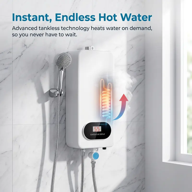 110V 3500W Tankless Instant Electric Water Heater with Complete Shower Head Kit, LCD Display, On-Demand Heat, Small Footprint, Compact Easy-Install Unit for Homes/RVs Bathroom, Kitchen Use