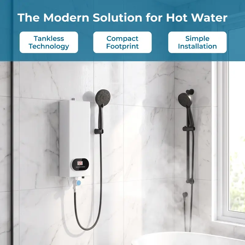 110V 3500W Tankless Instant Electric Water Heater with Complete Shower Head Kit, LCD Display, On-Demand Heat, Small Footprint, Compact Easy-Install Unit for Homes/RVs Bathroom, Kitchen Use