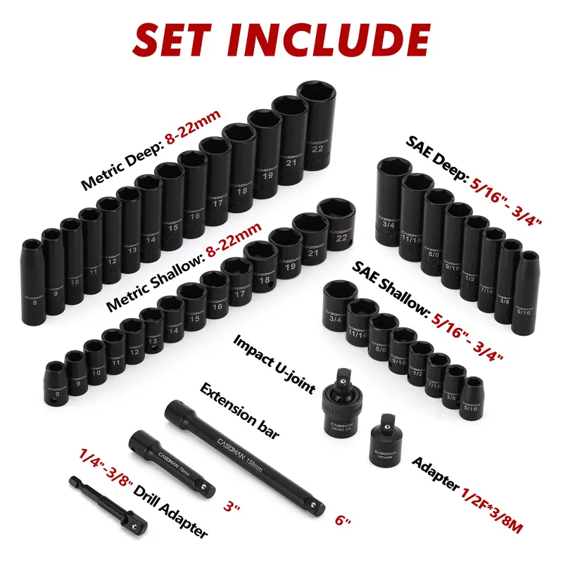 CASOMAN 49 Piece 3/8" Drive 6 Point Chrome Vanadium Steel Impact Sockets Set Ratchet Socket Wrench, Extension Bars, Adapter, Universal Joint, Laser Etching, Rounded Off Guard, Corrosion Resist, Fast Size ID, Automotive Mechanic Tools #tool upgrade,toolu