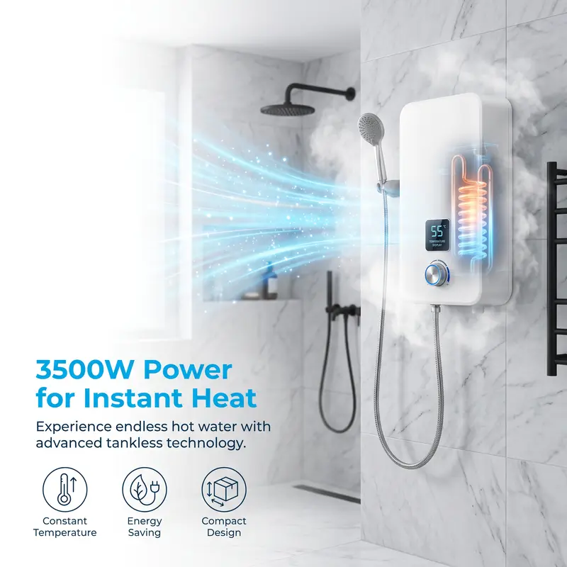 110V 3500W Tankless Instant Electric Water Heater with Complete Shower Head Kit, LCD Display, On-Demand Heat, Small Footprint, Compact Easy-Install Unit for Homes/RVs Bathroom, Kitchen Use
